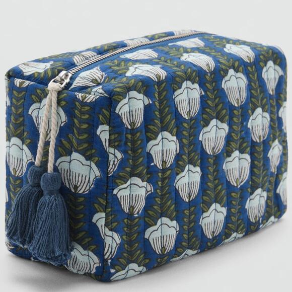 Mango Quilted Cosmetic Bag Shell Rectangle Blue Green NWT - Picture 1 of 8
